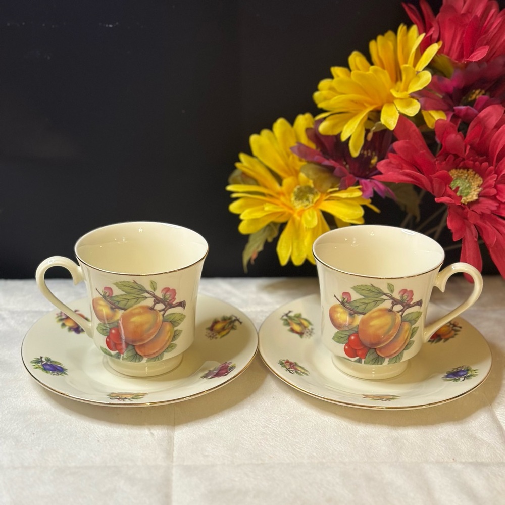 Set Of 2 Vintage Formalities By Baum Brothers Fruit Footed Cups & Saucer Set EVC